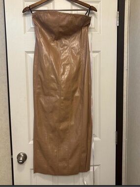 Missguided Strapless Faux Leather Midi Dress in Camel Brown